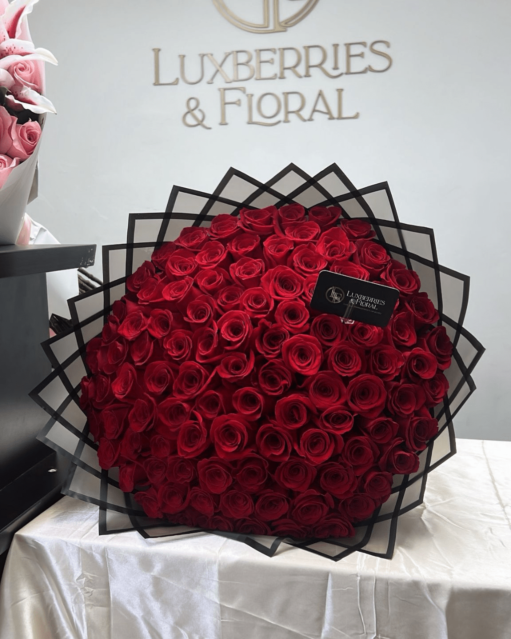 100 premium Red Roses - Luxe Supreme Signature Arrangment - Luxberries & Floral