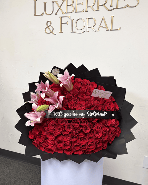 100 Red Rose & Pink Lily Grand Statement Bouquet - Luxberries & Floral