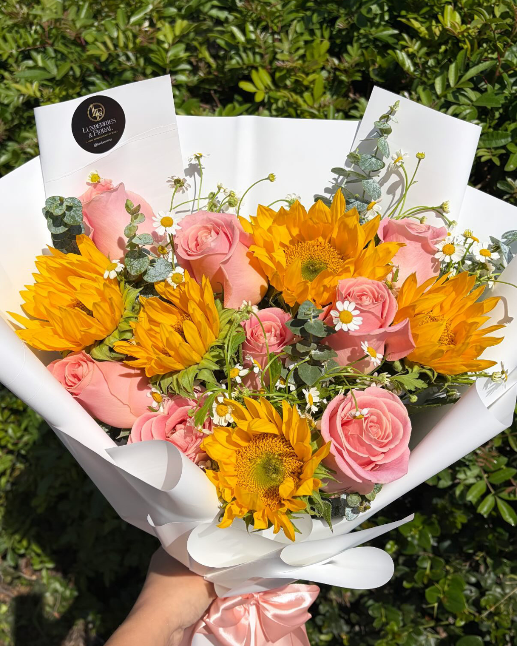 Sunflower & Pink Rose Hand-Tied Bouquet Luxberries & Floral