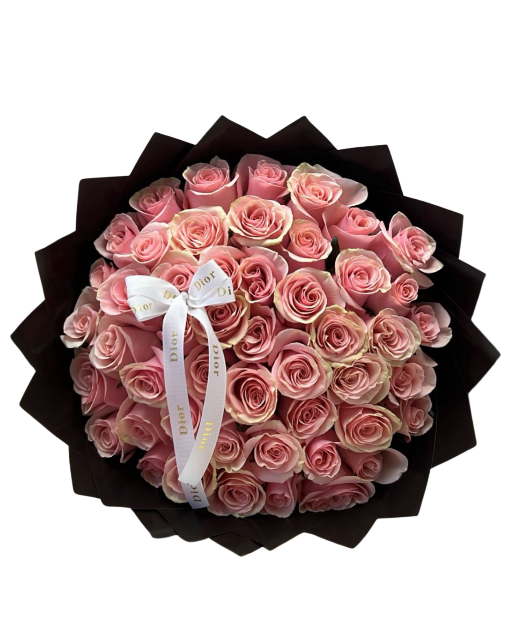 Bouquet of pink roses in a black box with a white ribbon on a white background