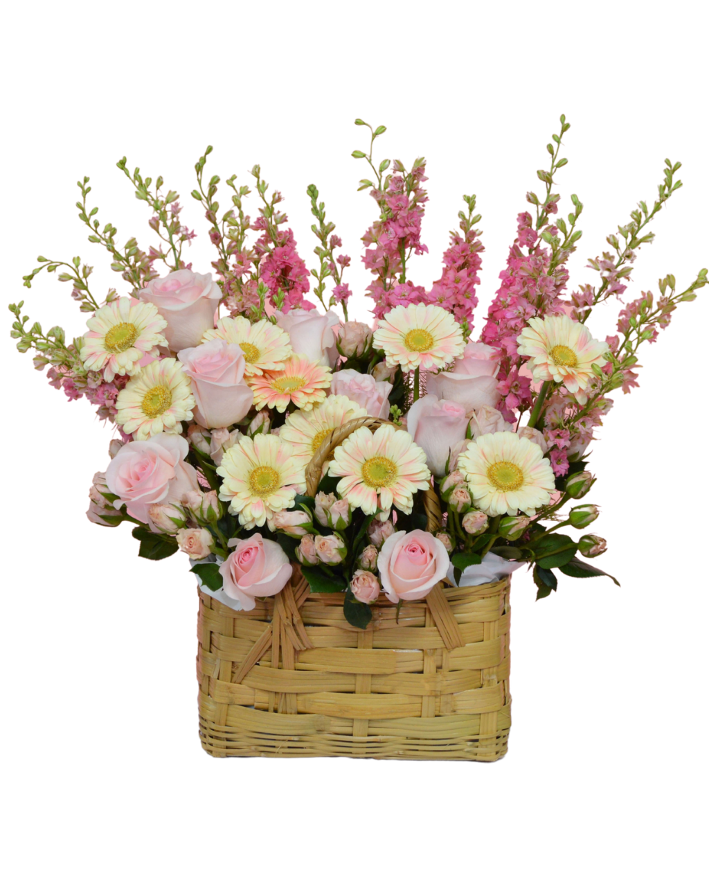 Floral arrangement in a woven basket on a white background