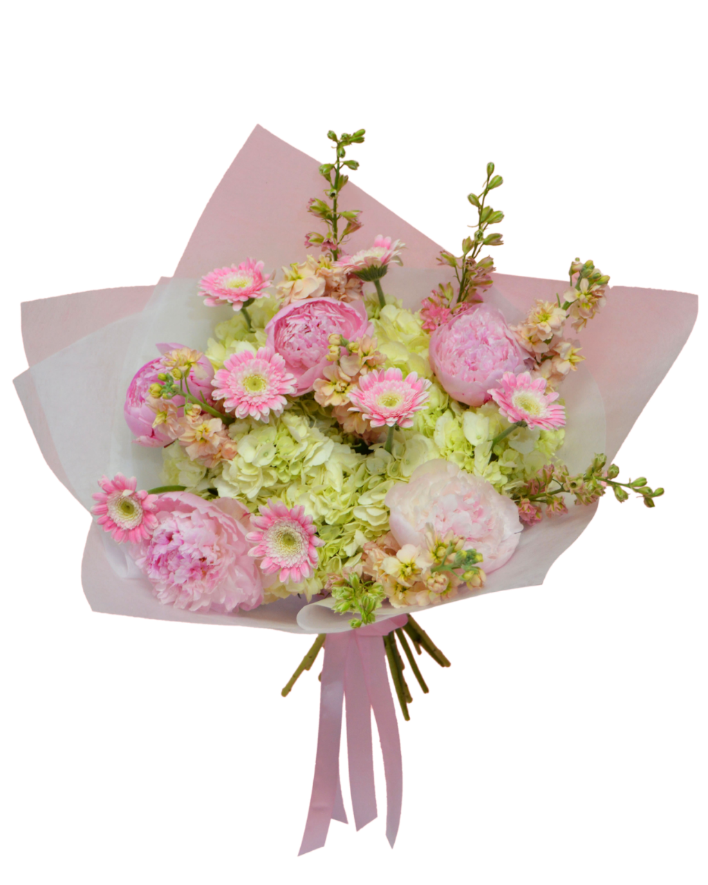 Bouquet of pink and green flowers wrapped in white paper with a pink ribbon on a white background