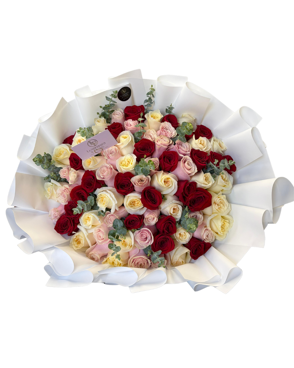 Bouquet of red, yellow, and pink roses with a white paper wrap on a white background