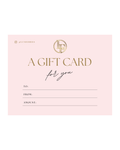 Pink gift card with gold text and logo on a white background