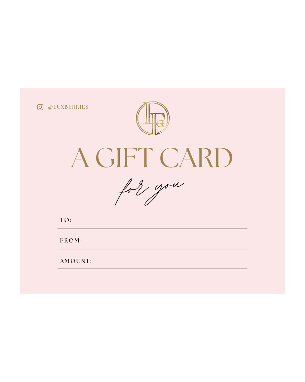 Pink gift card with gold text and logo on a white background