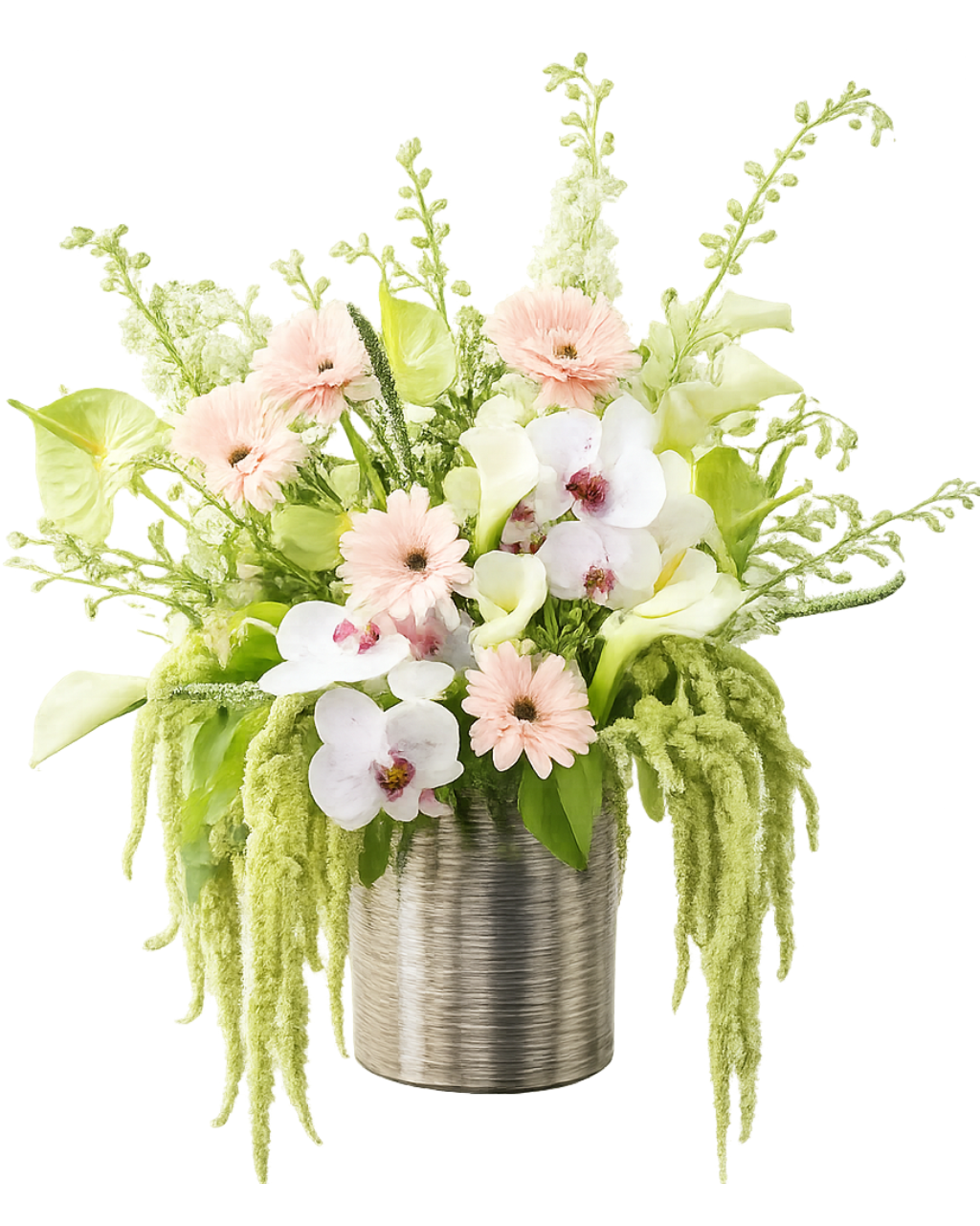 Floral arrangement with pink and white flowers in a silver pot on a white background