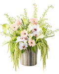 Floral arrangement with pink and white flowers in a silver pot on a white background