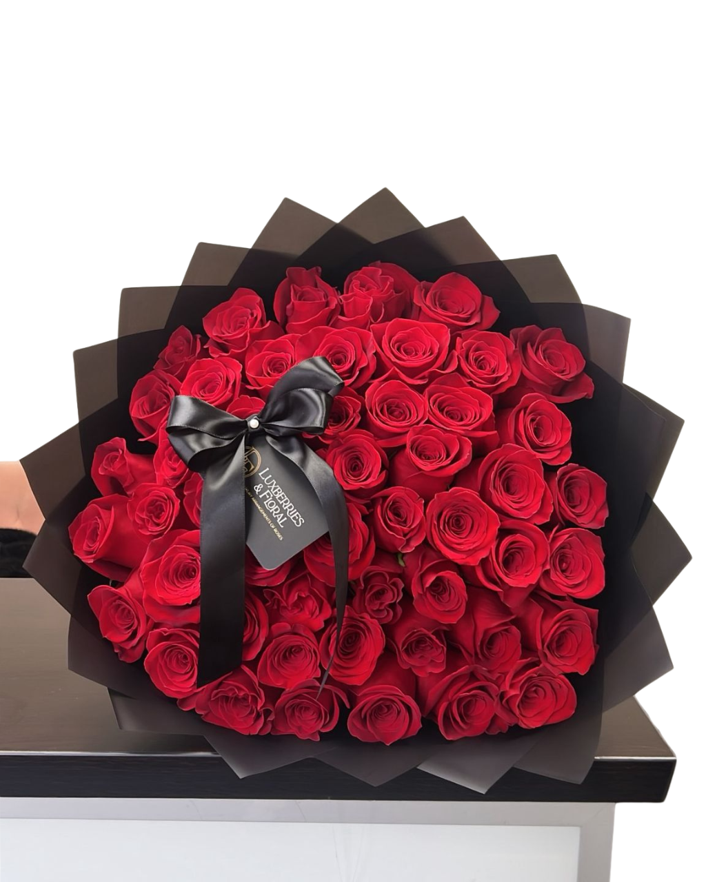 50 Premium Red or Pink Roses – Classic Signature Arrangement Luxberries & Floral