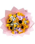 Bouquet of yellow sunflowers and roses with pink paper wrap on a white background