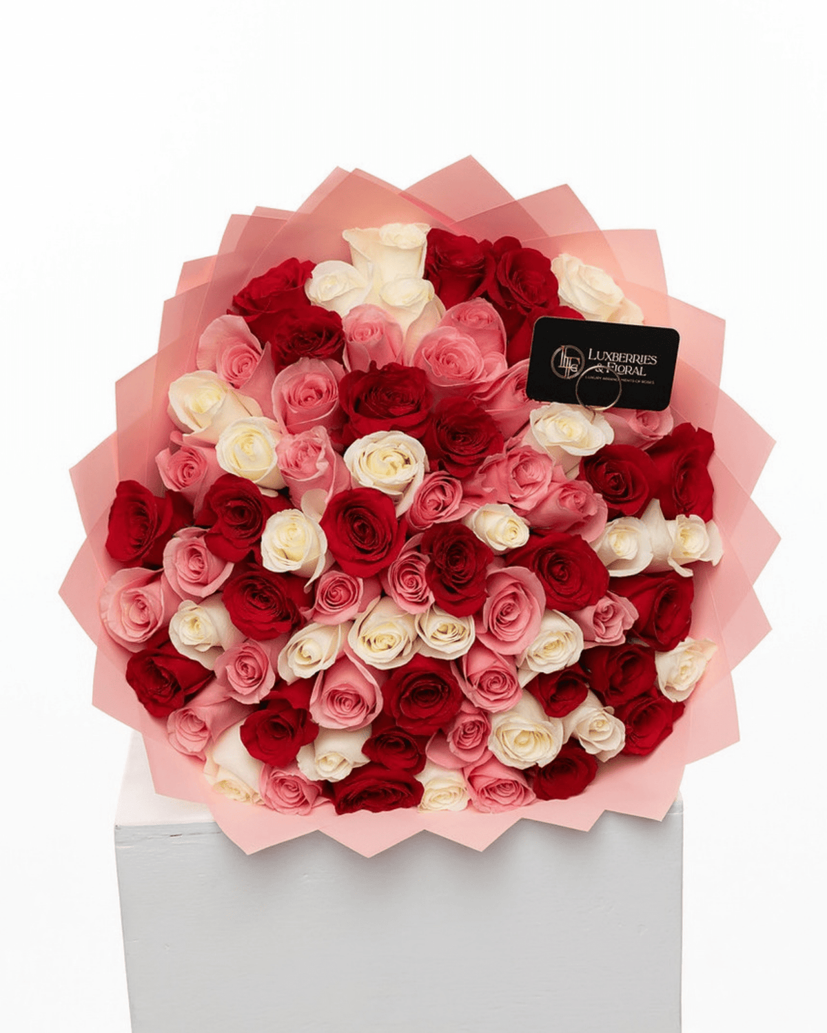 75 Red, Pink & White Ecuadorian Roses Bouquet - Luxberries & Floral