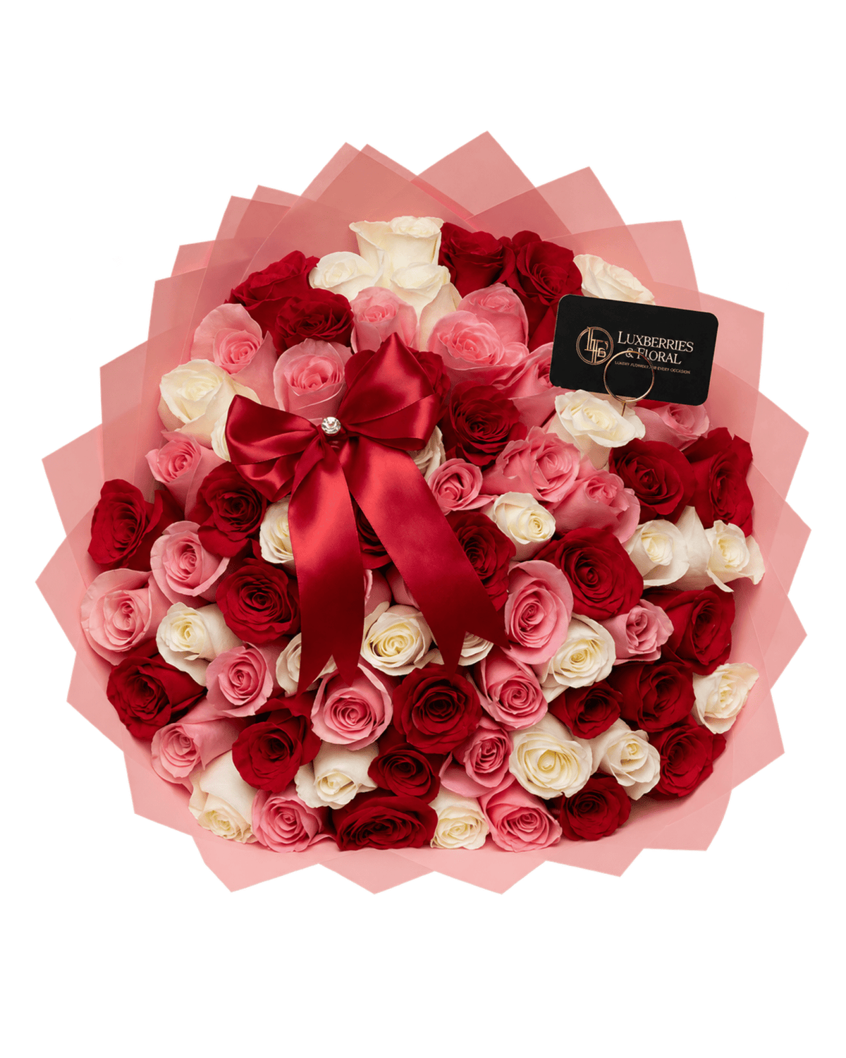 75 Red, Pink & White Ecuadorian Roses Bouquet - Luxberries & Floral