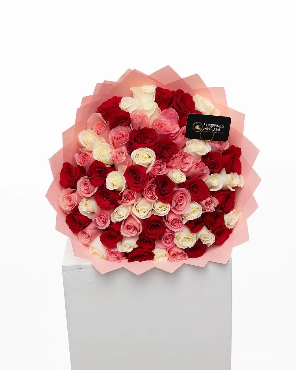 75 Red, Pink & White Ecuadorian Roses Bouquet - Luxberries & Floral