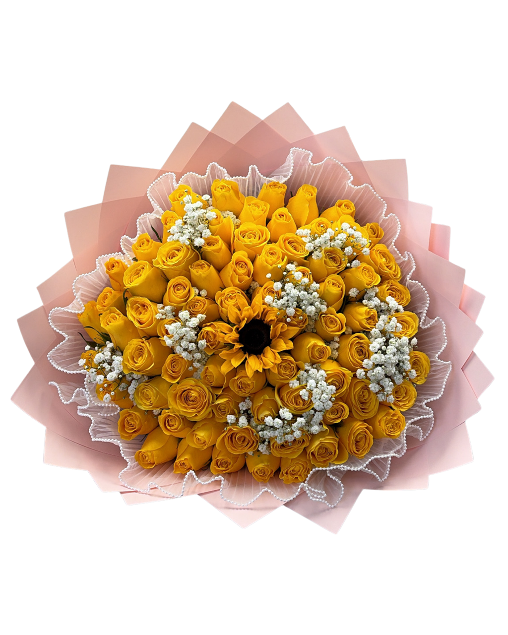 A bouquet of yellow roses arranged in a circular pattern with a single yellow sunflower at the center, interspersed with small white baby's breath flowers, wrapped in pink paper on a white background.