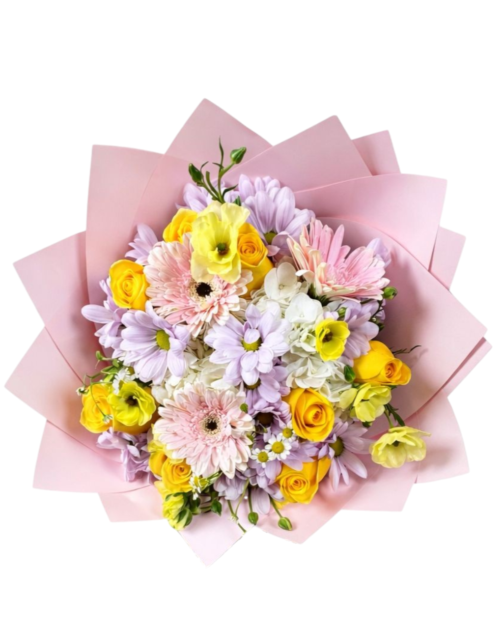 Bouquet of flowers with pink, yellow, and white colors on a white background