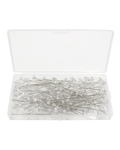 A clear plastic storage case open to show many silver-headed push pins inside, photographed on a white background.