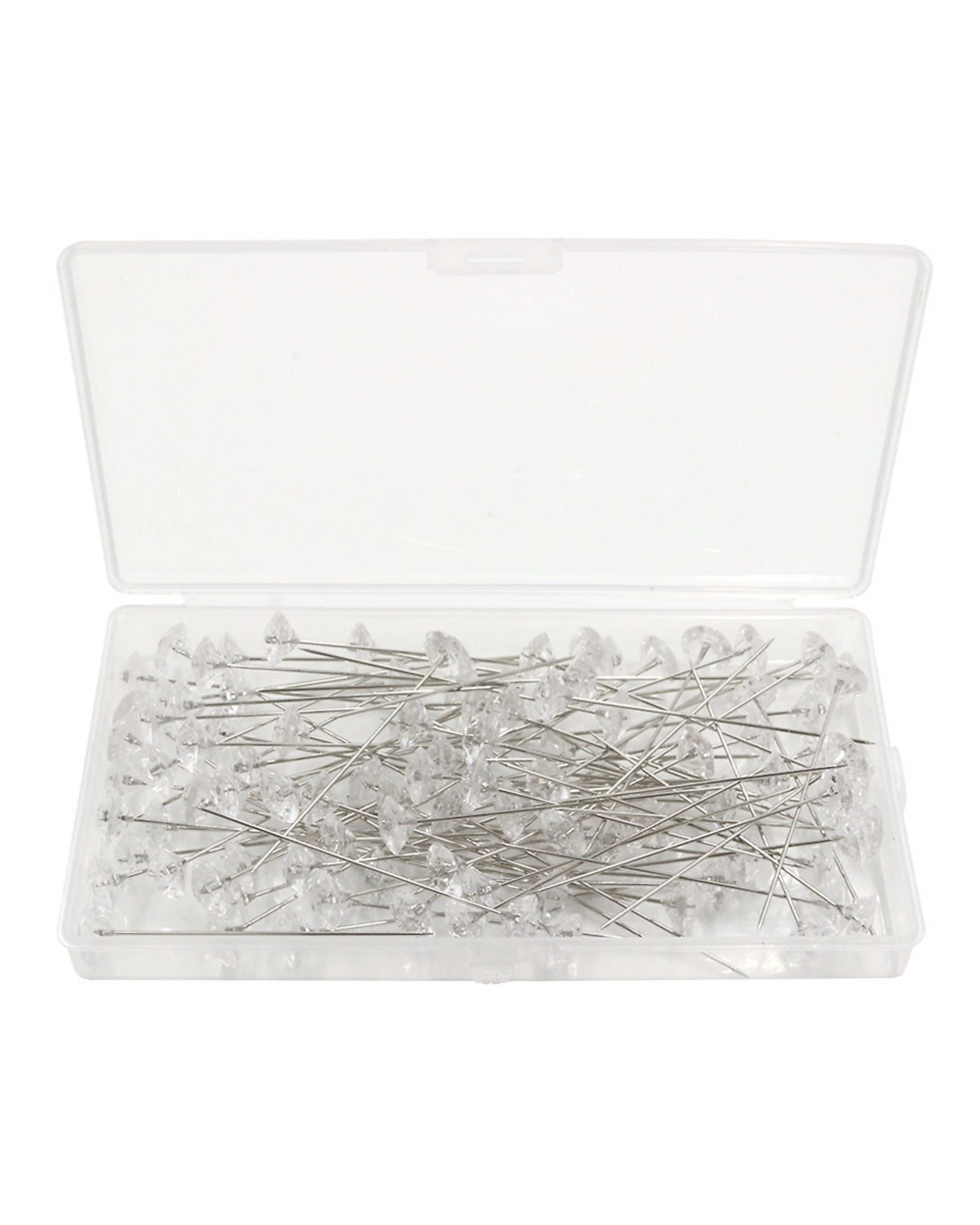 A clear plastic storage case open to show many silver-headed push pins inside, photographed on a white background.