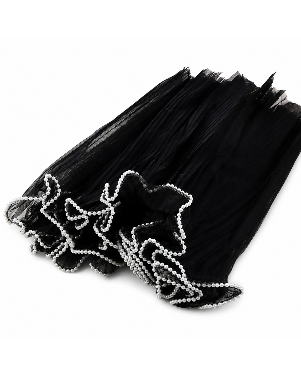 A black tulle tutu skirt with decorative ruffled trim adorned with small white beads, shown on a plain white background.