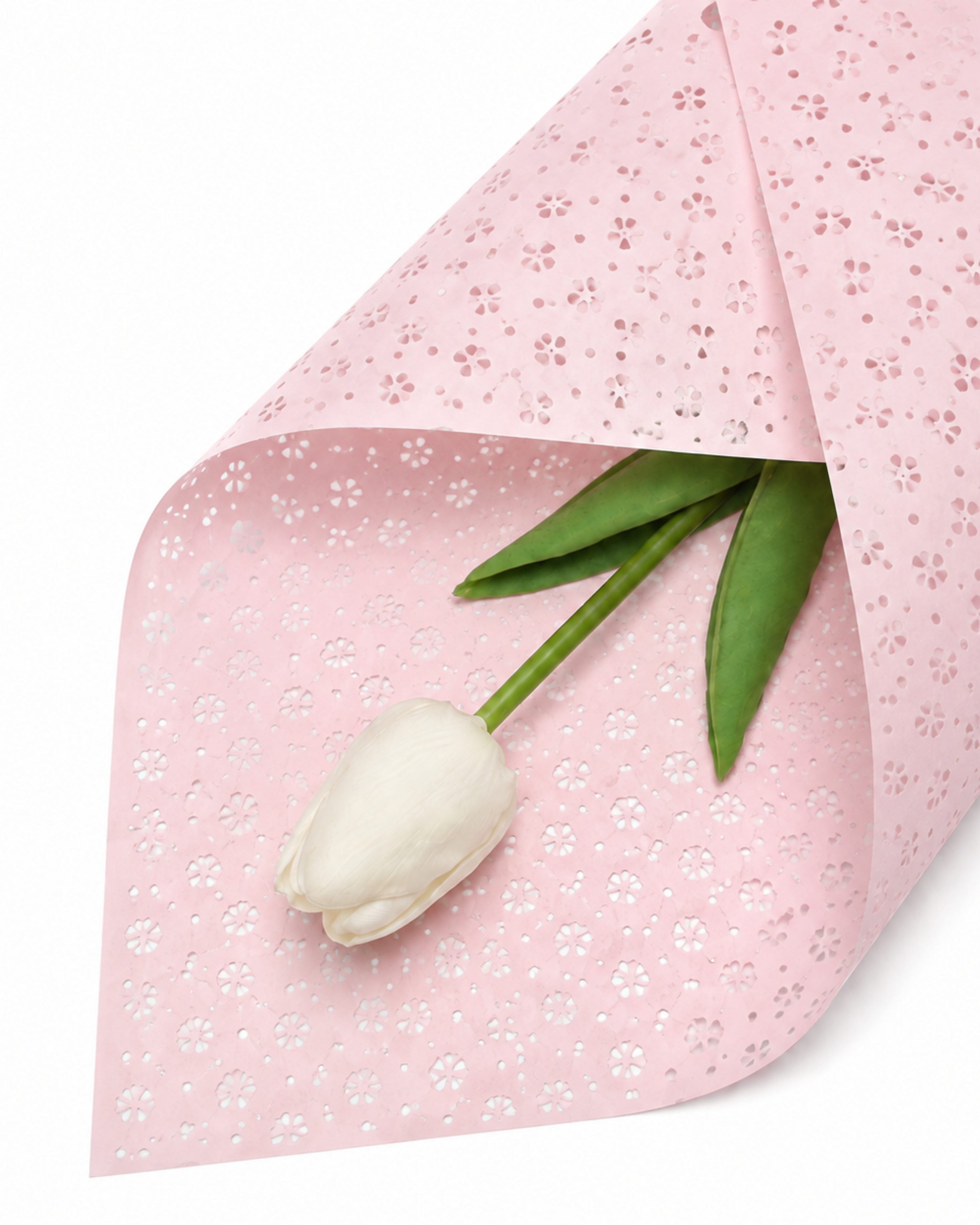 A single white tulip with green leaves tucked inside a rolled sheet of light pink wrapping paper printed with a small white floral pattern, photographed on a clean white background.