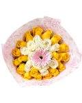 Bouquet of yellow and white roses with a pink flower in the center, wrapped in pink paper on a white background.