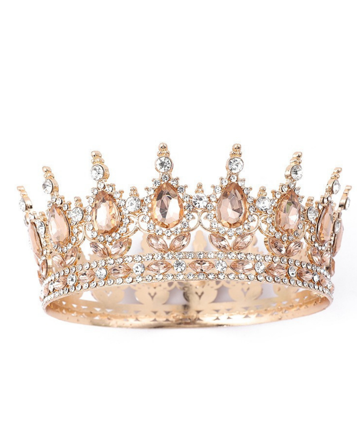 A rose gold crown with teardrop-shaped peach-colored rhinestones and clear crystal accents, shown against a plain white background.