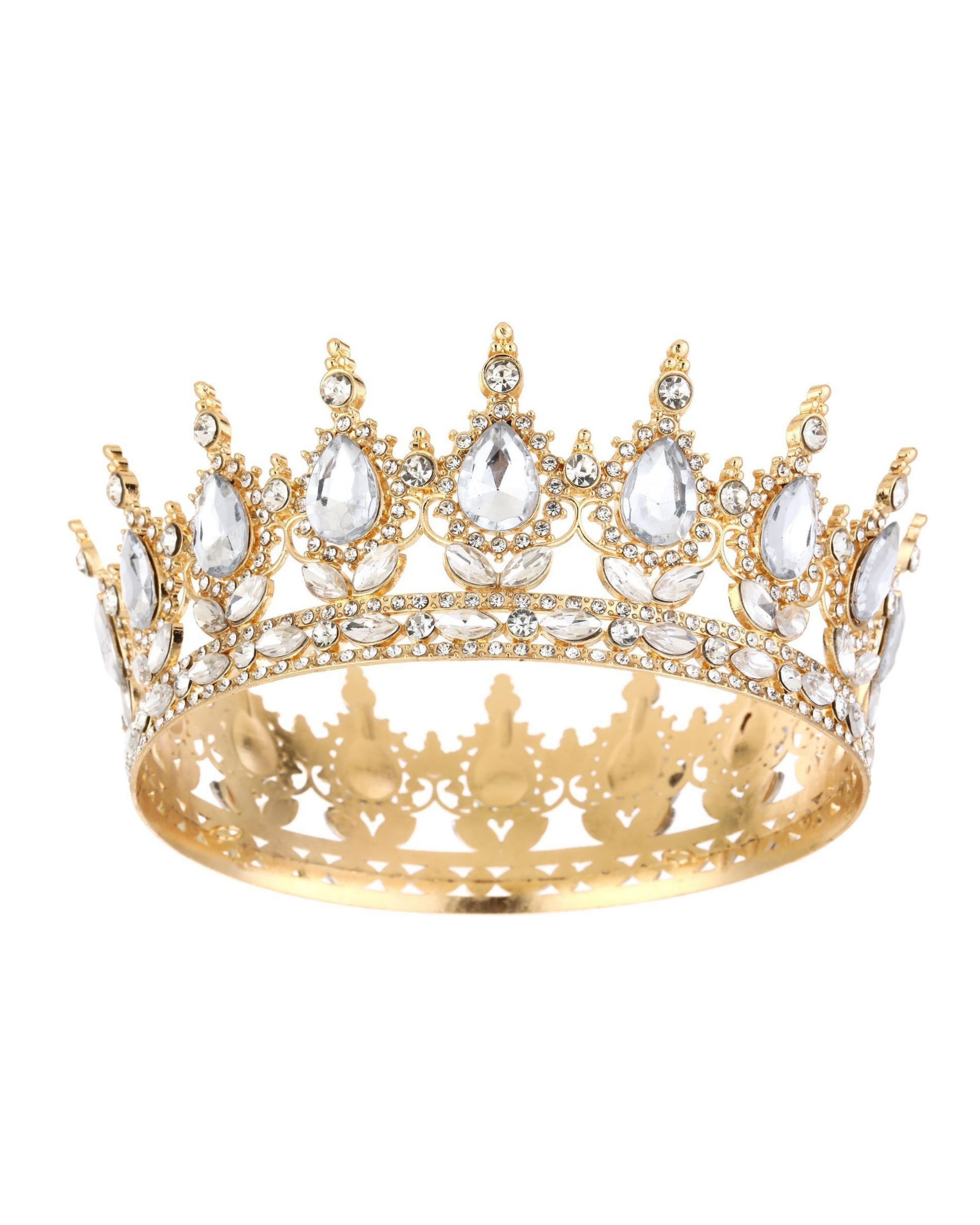 A gold crown adorned with clear teardrop and round rhinestones, shown against a plain white background.