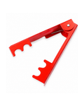 A bright red metal wine bottle opener with multiple curved teeth, shown on a plain white background.