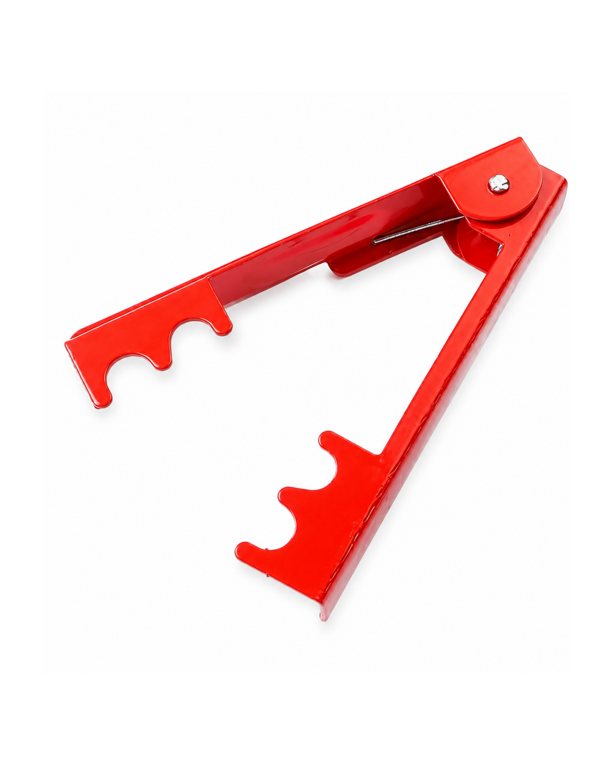 A bright red metal wine bottle opener with multiple curved teeth, shown on a plain white background.