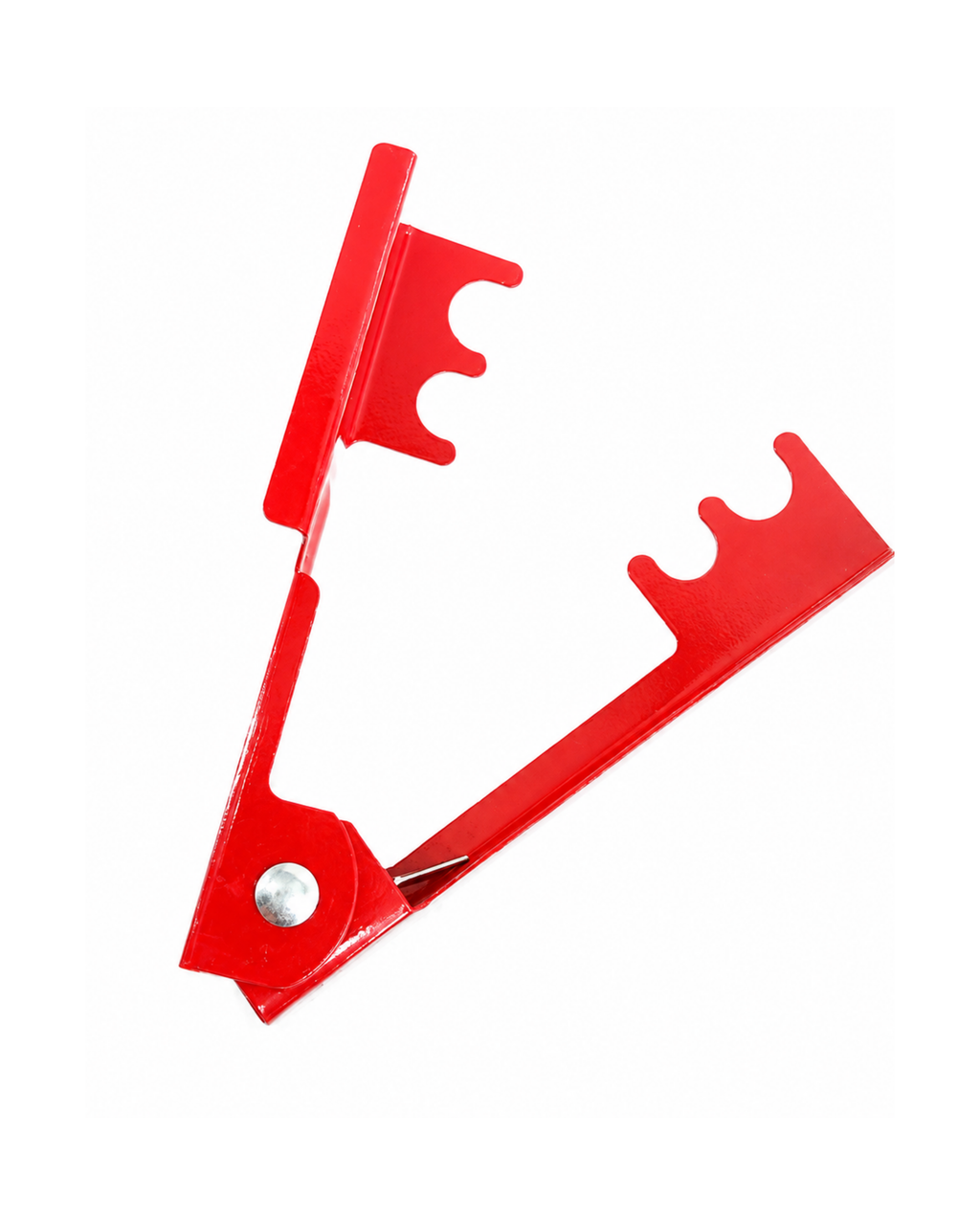 A bright red metal tool with a single screw fastener and two curved hook-like teeth, photographed on a plain white background.