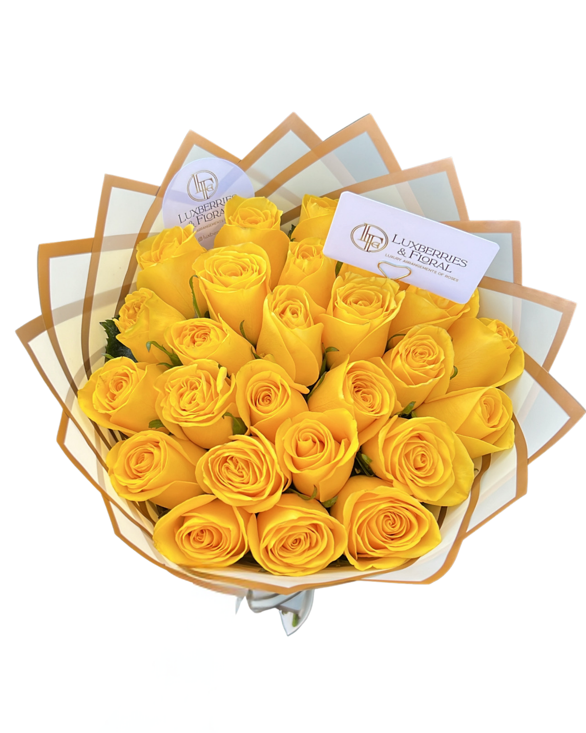 A bouquet of 24 yellow roses wrapped in clear and white paper with gold borders, featuring a white card from 'Longuevilles Floral'.