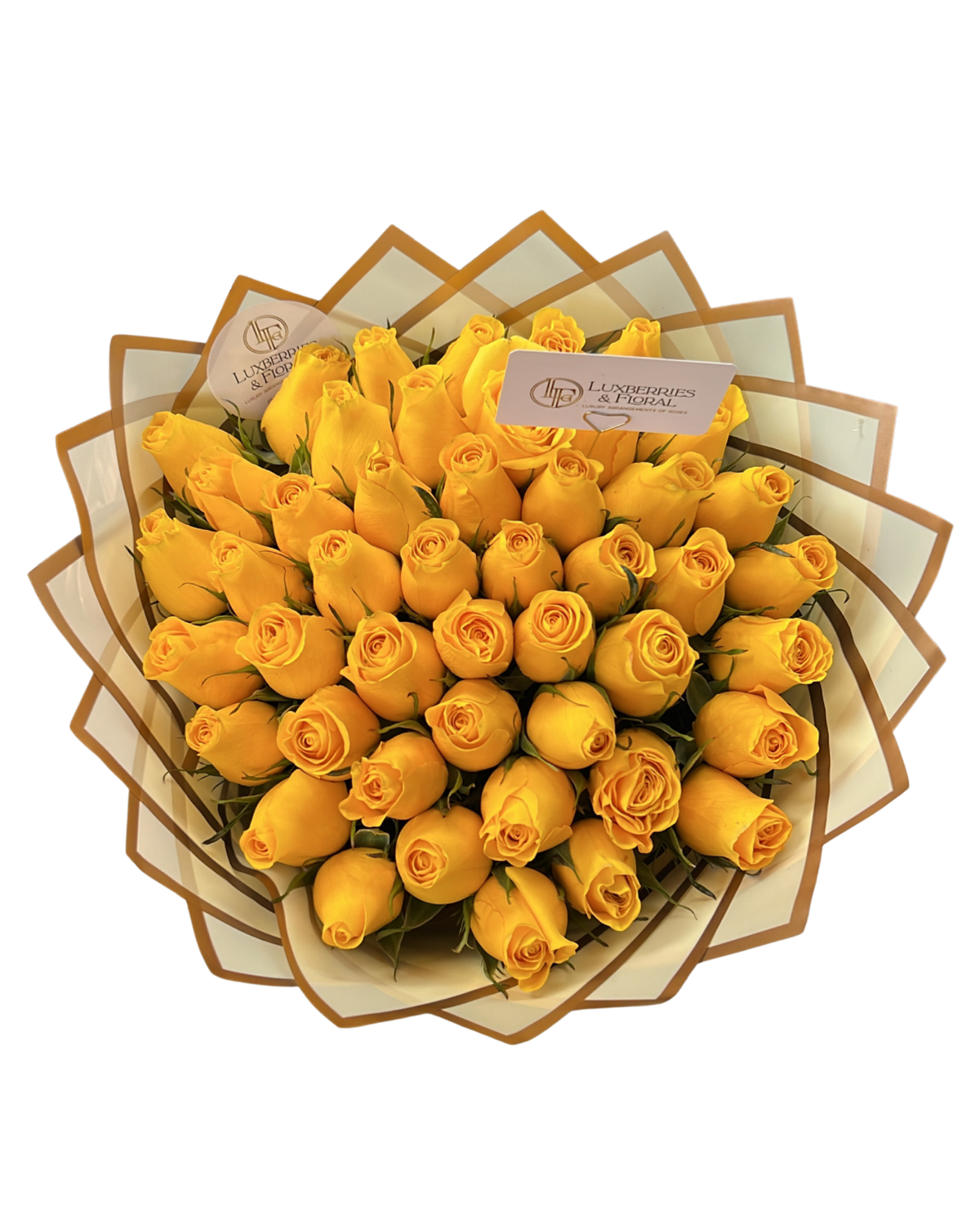 A bouquet of 50 yellow roses wrapped in patterned paper with gold trim, featuring two cards from the brand 'L'Intérieur · Paris'.