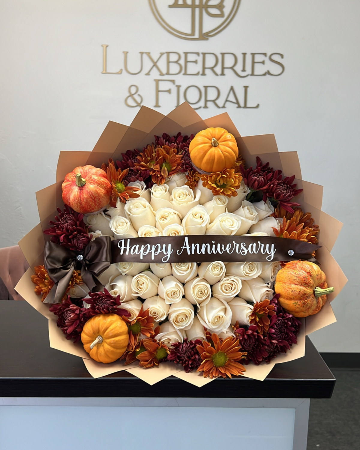 Harvest Pumpkin & White Rose Bouquet