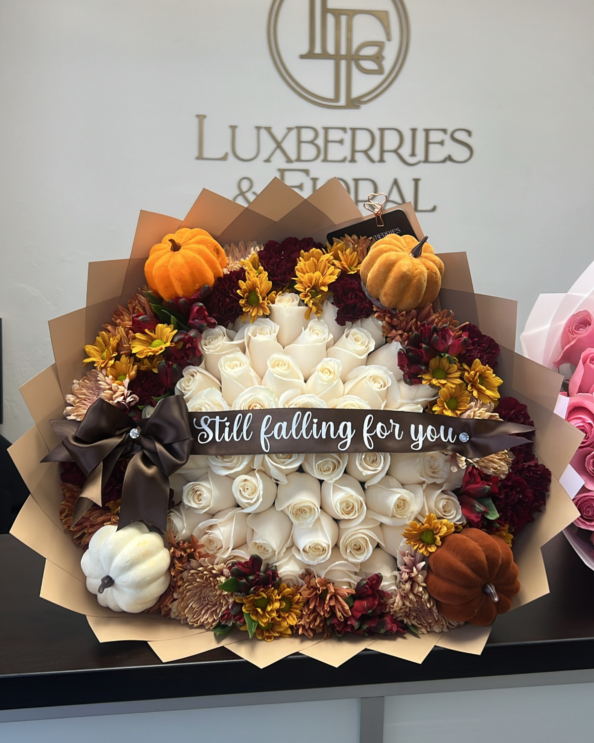 Harvest Pumpkin & White Rose Bouquet