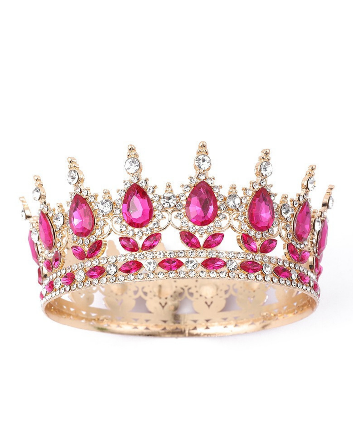 A gold crown tiara adorned with bright pink teardrop and oval gemstones, accented with clear rhinestones, shown against a plain white background.