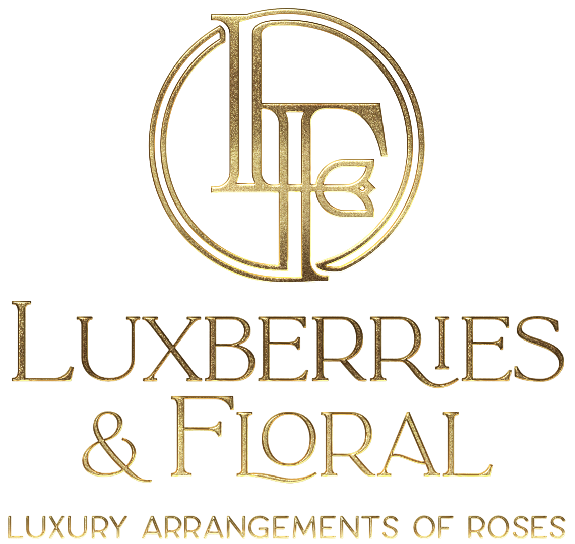 Luxury brand logo for 'Luxberries & Floral' with gold text on a white background