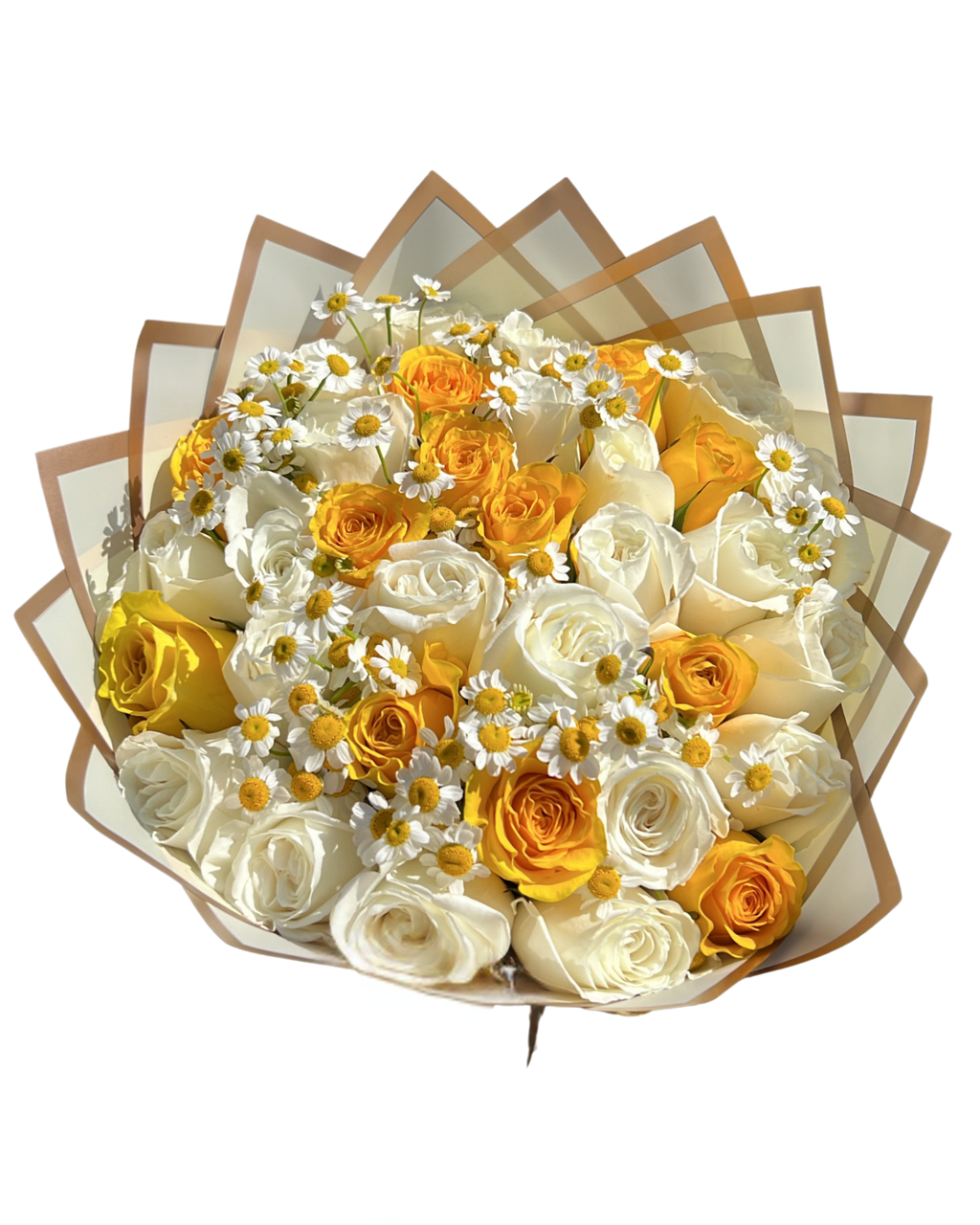 A round floral bouquet featuring white and yellow roses, yellow daisies, and baby's breath, wrapped in clear and beige paper with a geometric pattern, isolated on a white background.