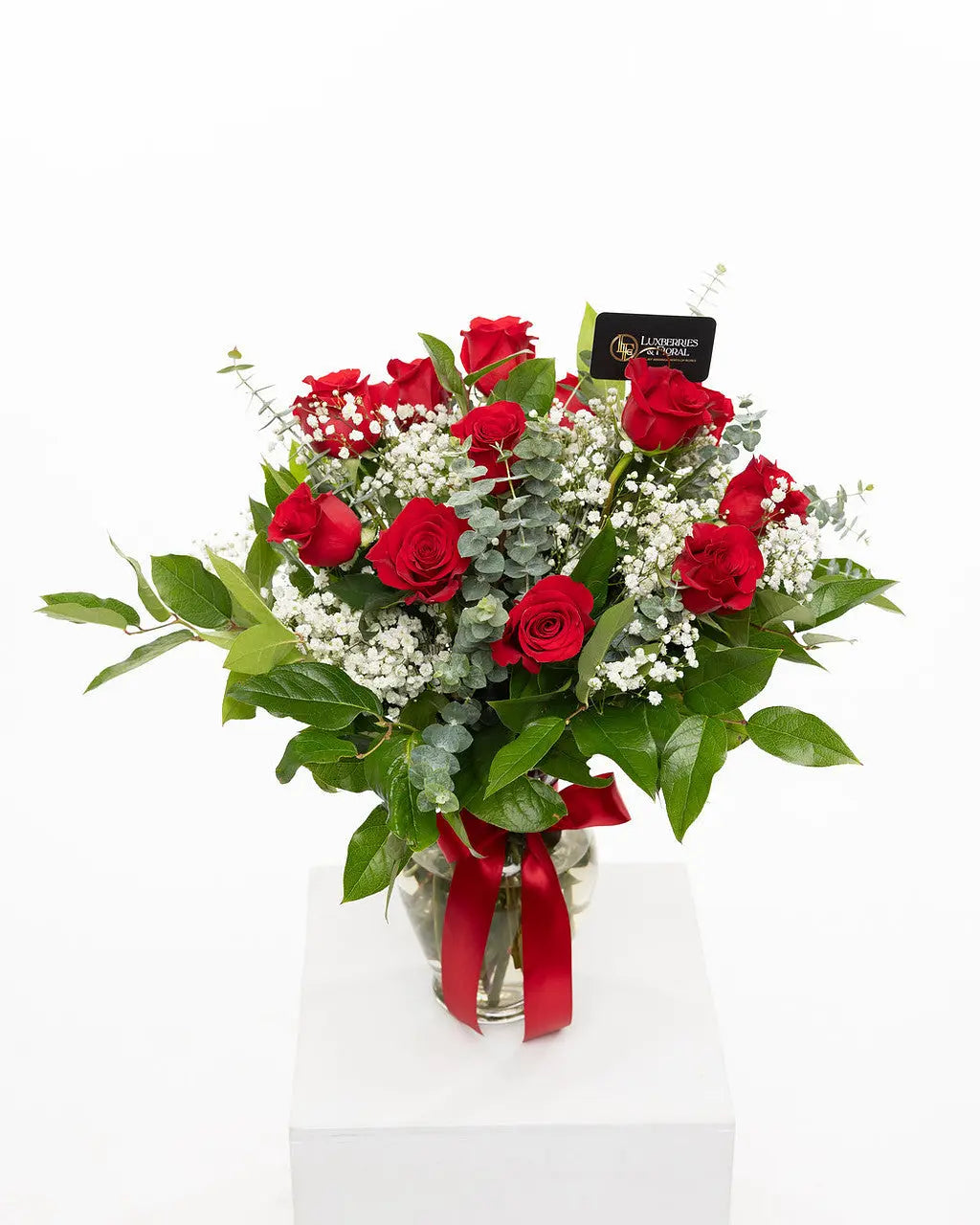 Dozen Red Roses with Baby’s Breath & Greenery Bouquet - Arrangement for Valentine’s Day Luxberries & Floral