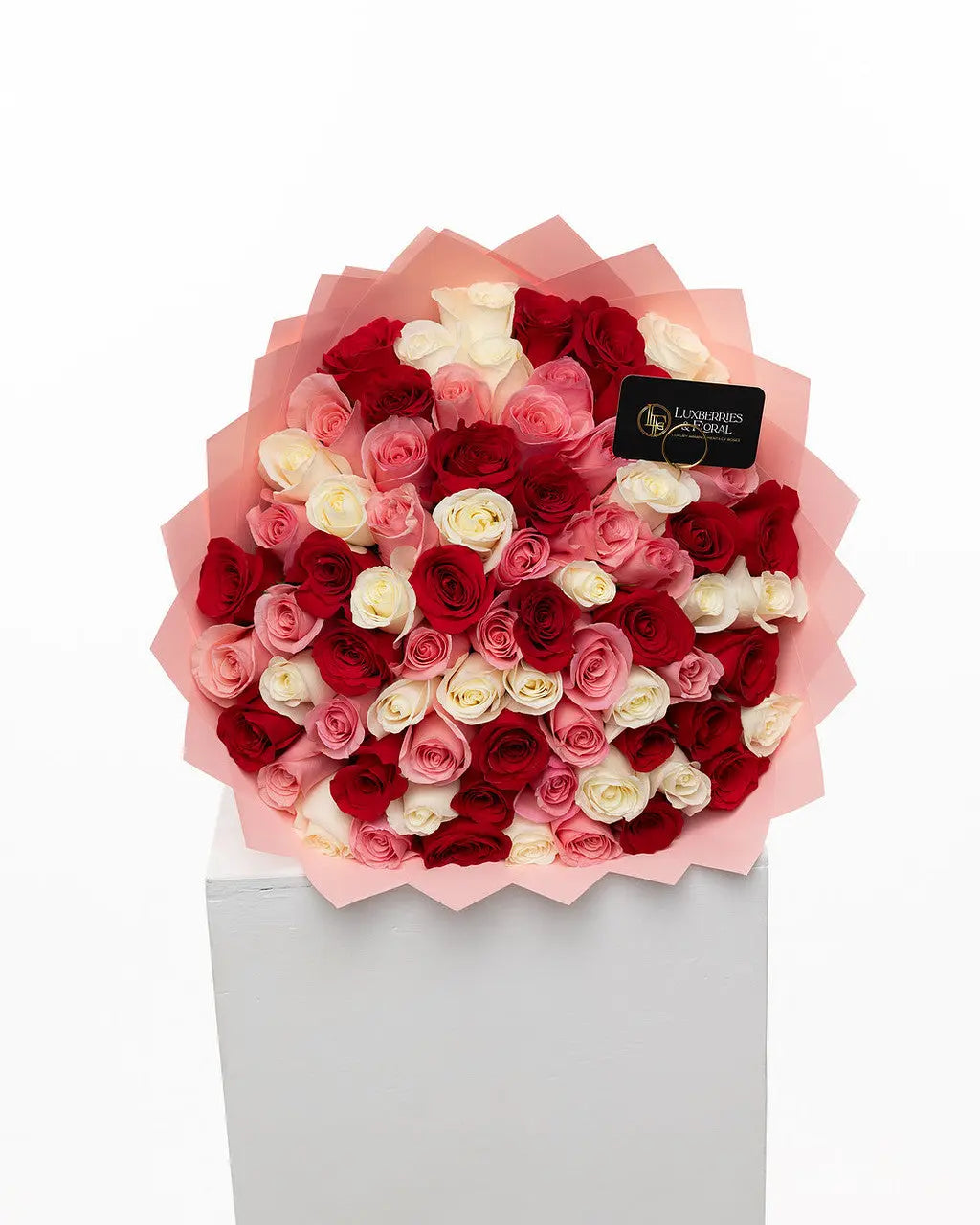75 Red, Pink & White Ecuadorian Roses Bouquet - Arrangement for Valentine’s Day Luxberries & Floral