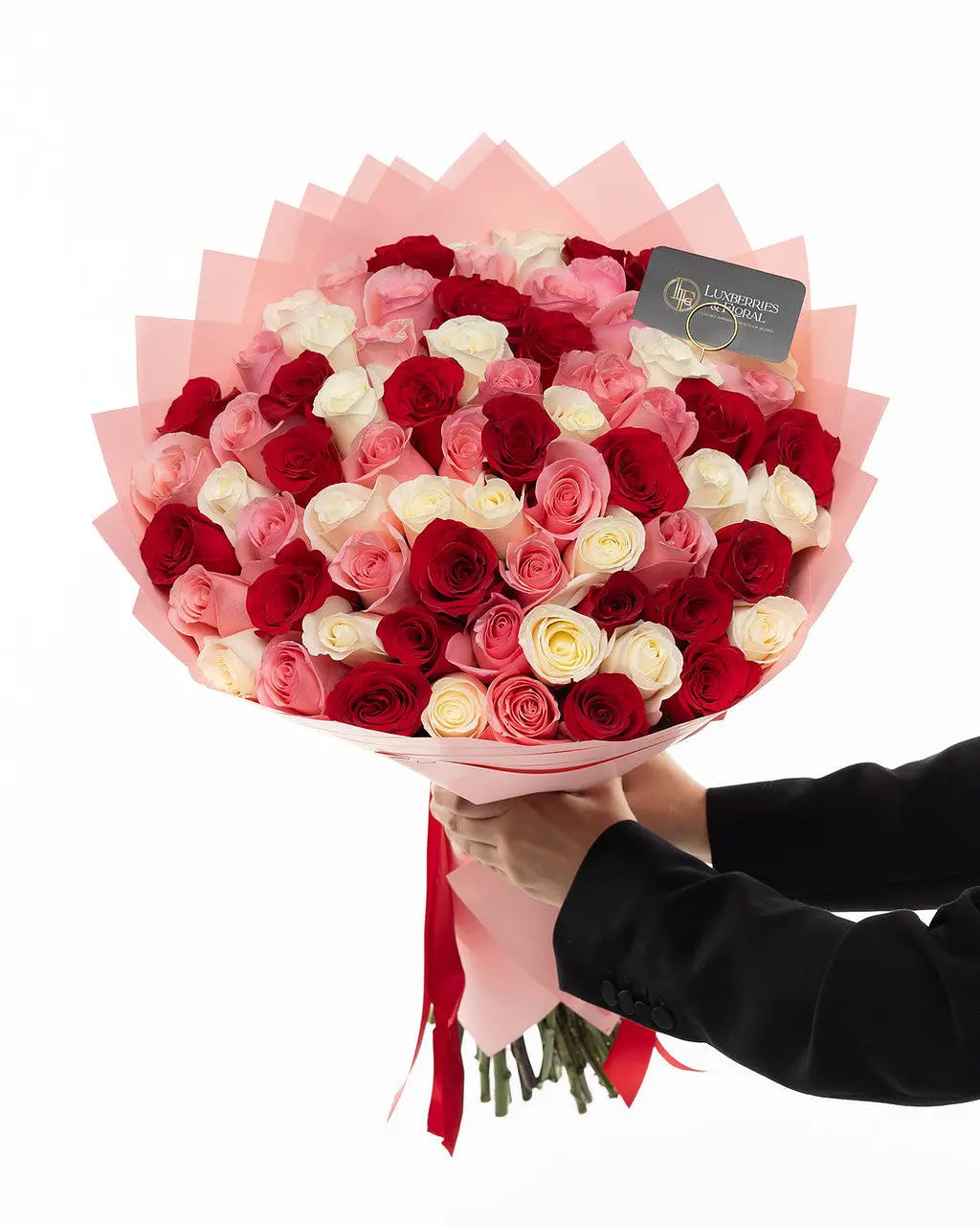 75 Red, Pink & White Ecuadorian Roses Bouquet - Arrangement for Valentine’s Day Luxberries & Floral
