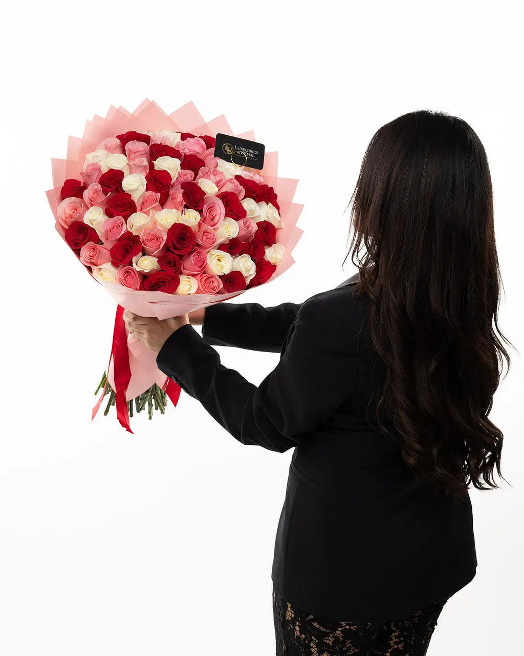 75 Red, Pink & White Ecuadorian Roses Bouquet - Arrangement for Valentine’s Day Luxberries & Floral