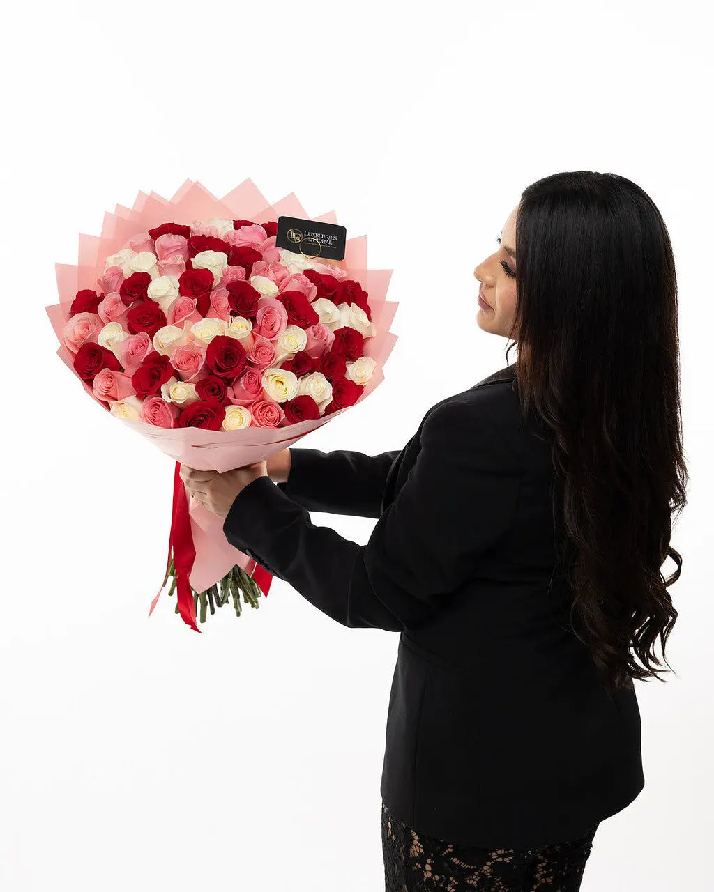 75 Red, Pink & White Ecuadorian Roses Bouquet - Arrangement for Valentine’s Day Luxberries & Floral