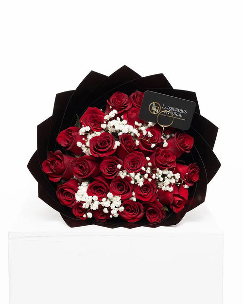 25 Roses + Baby’s Breath Bouquet - Arrangement for Valentine’s Day Luxberries & Floral