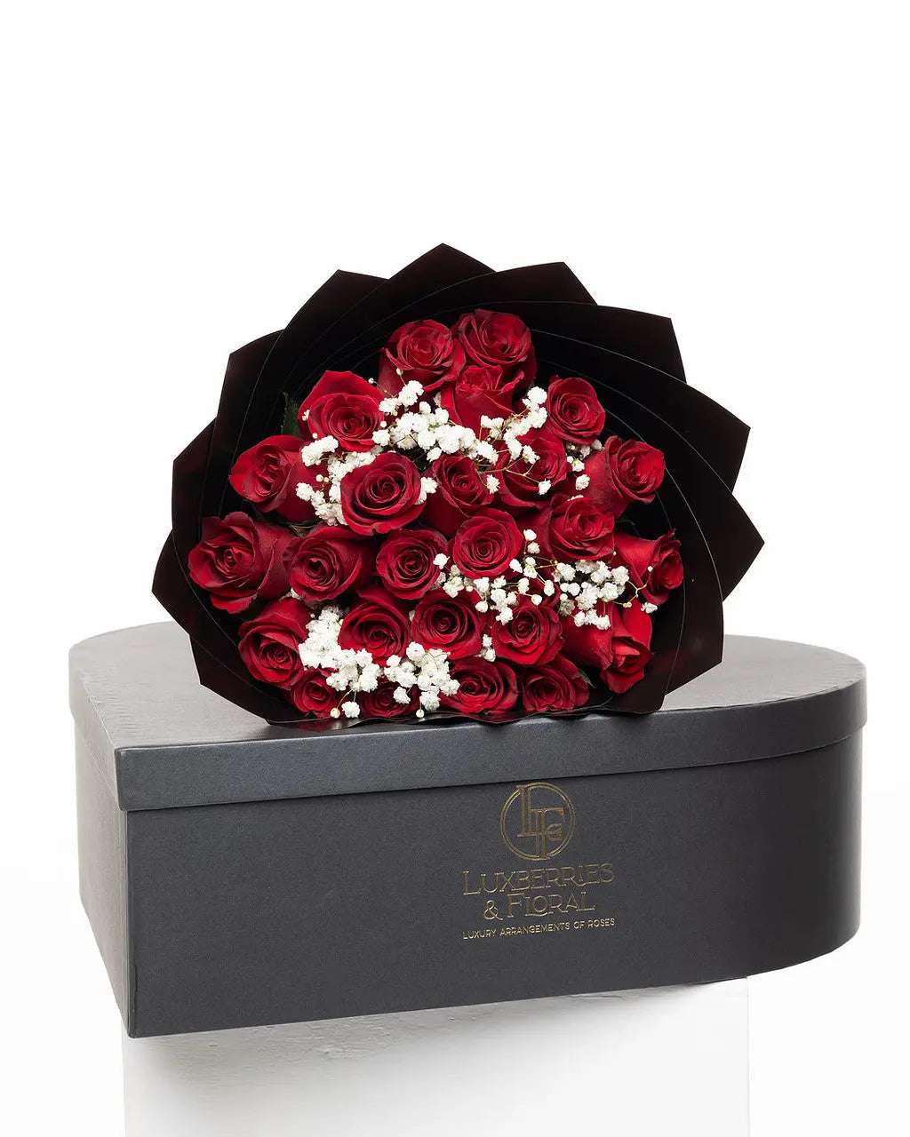 25 Roses + Baby’s Breath Bouquet - Arrangement for Valentine’s Day Luxberries & Floral