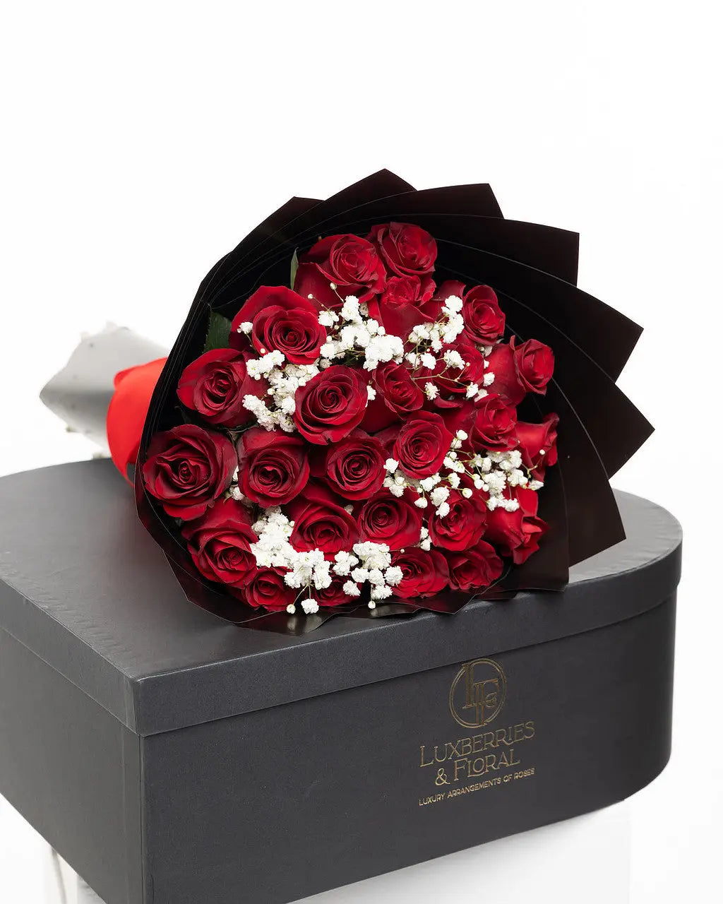 25 Roses + Baby’s Breath Bouquet - Arrangement for Valentine’s Day Luxberries & Floral