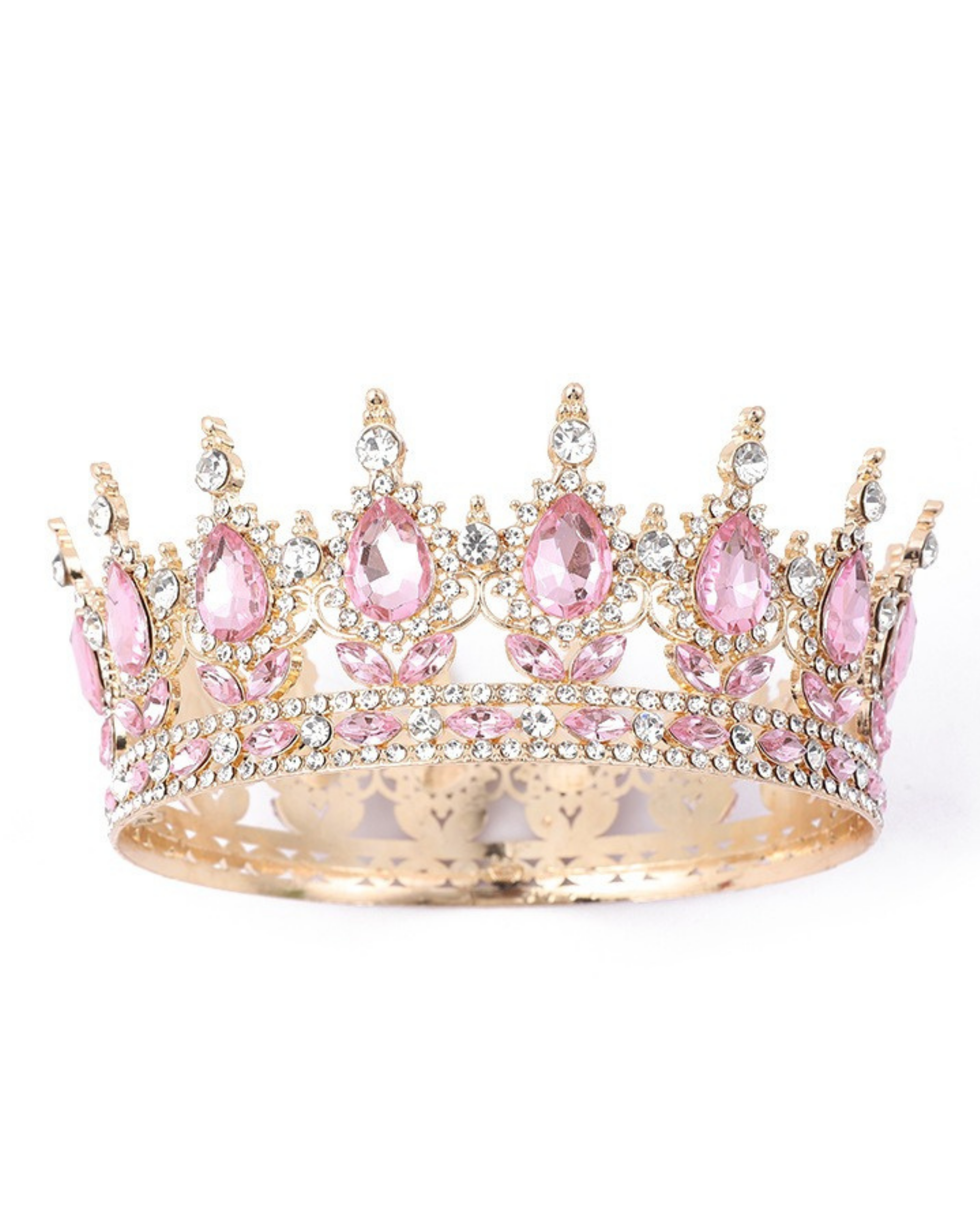 A gold crown tiara adorned with pink teardrop-shaped rhinestones and clear round rhinestones, shown against a plain white background.