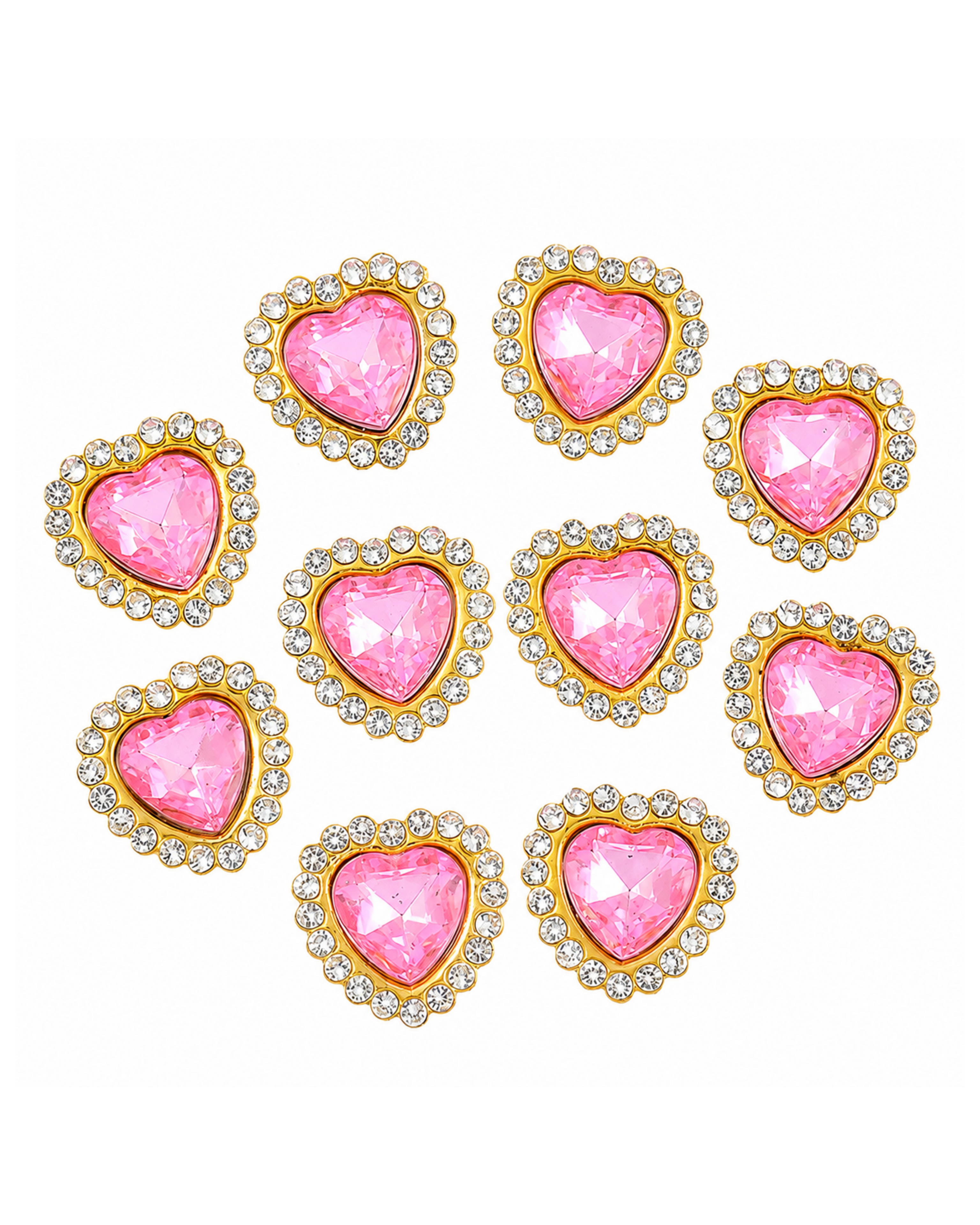 Nine pink heart-shaped rhinestone brooches with gold scalloped borders, arranged in a circular pattern on a white background.