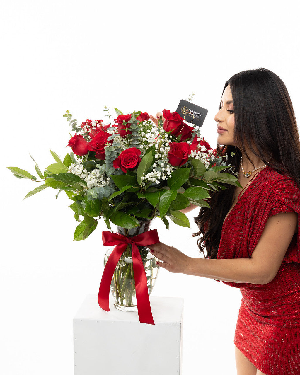 Dozen Red Roses with Baby’s Breath & Greenery Bouquet Luxberries & Floral