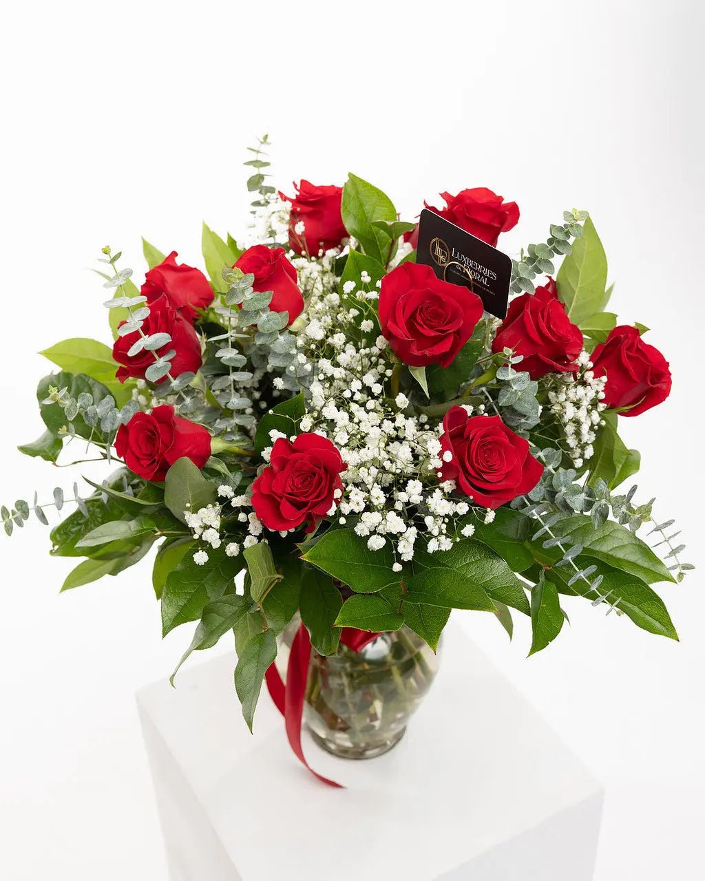 Dozen Red Roses with Baby’s Breath & Greenery Bouquet - Luxberries & Floral