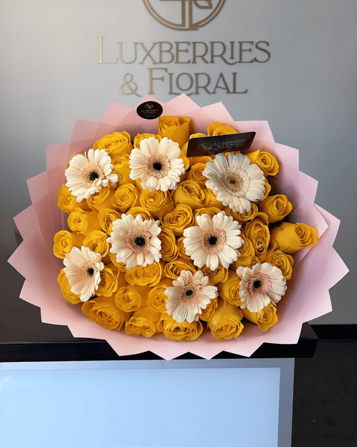 Golden Rose & White Gerbera Bouquet - Luxberries & Floral