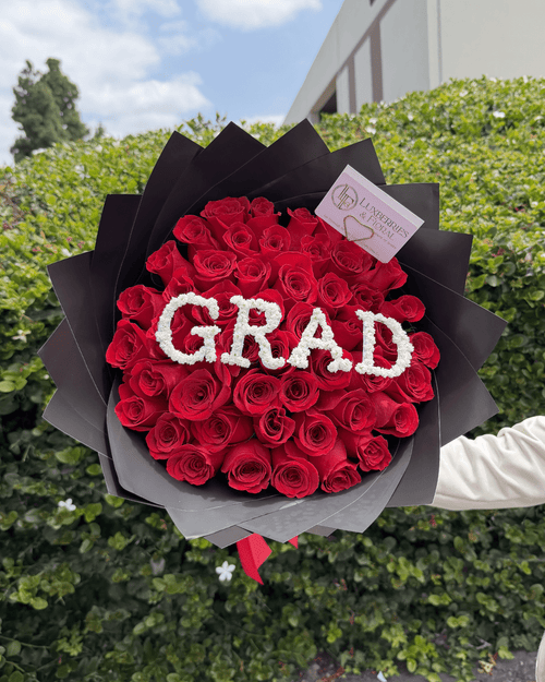 "GRAD" Red Rose Letter Bouquet - Luxberries & Floral