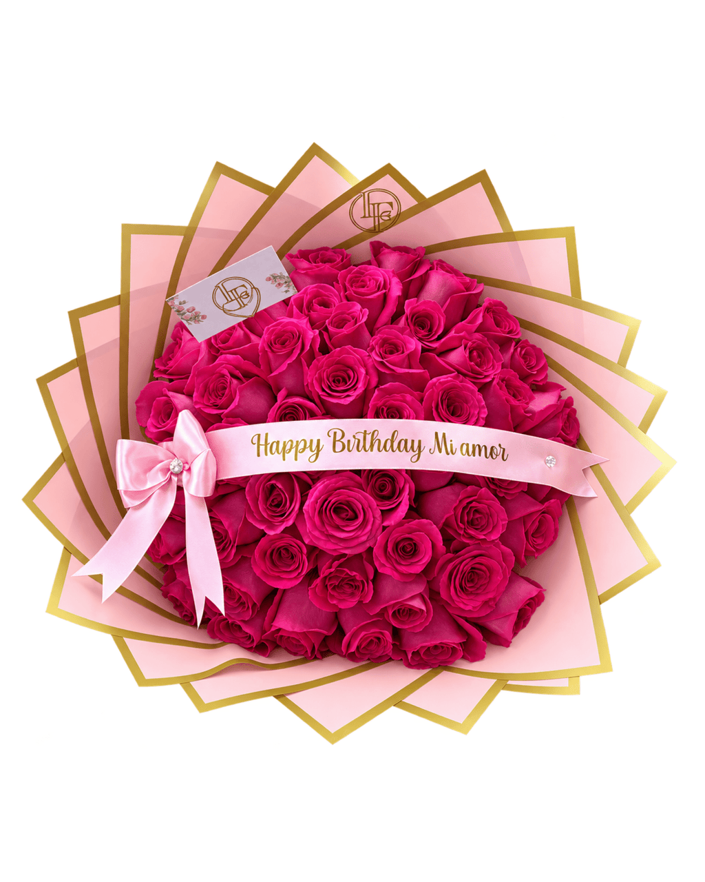 A heart-shaped bouquet of vibrant magenta pink roses. 'Happy Birthday Mi amor'.